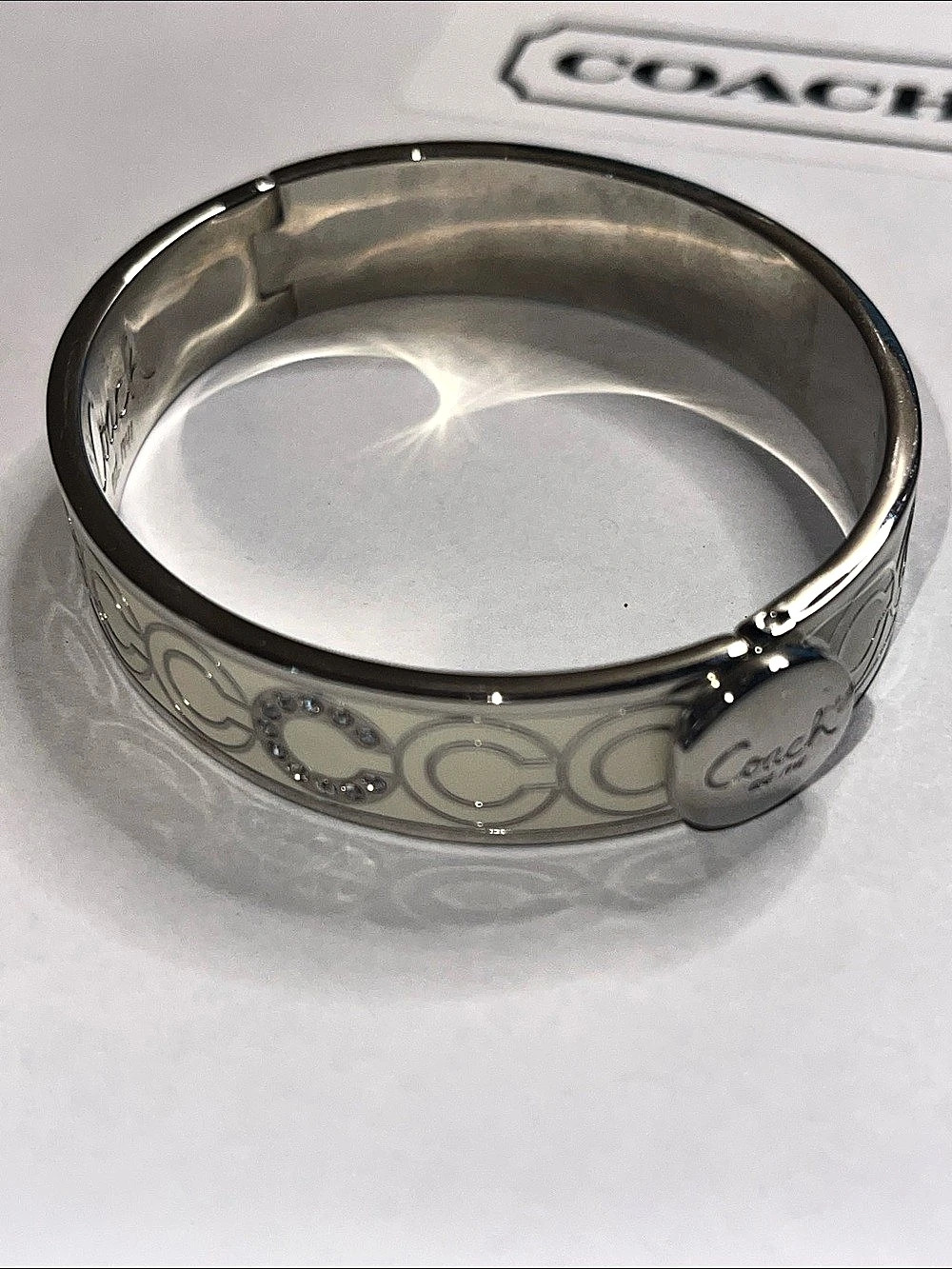 Coach Signature Crystal Hinge Bangle Bracelet Silver & White
